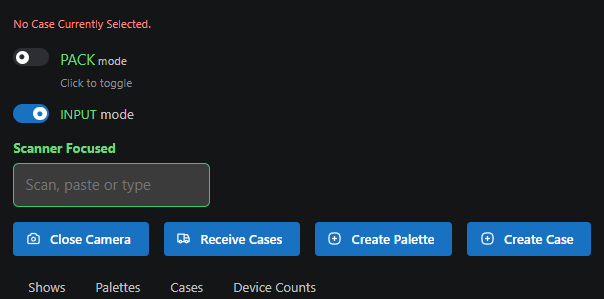 Inventory Tracking page in the Portal showing the scanner input box in Pack mode with a green focus indicator