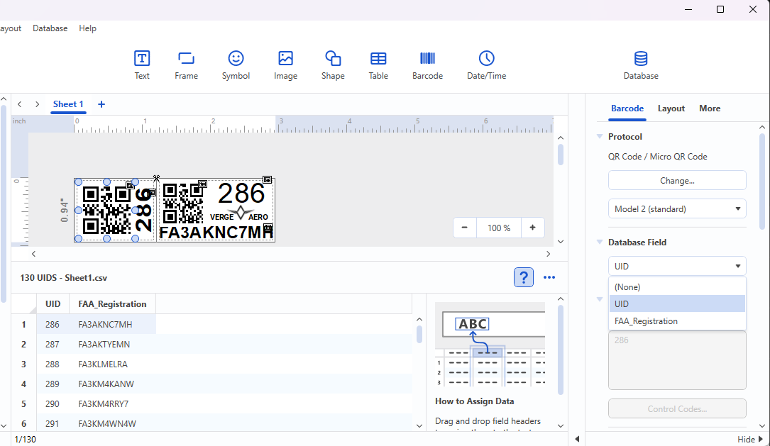 P-Touch Editor 6 database panel showing a column header being dragged to the QR code