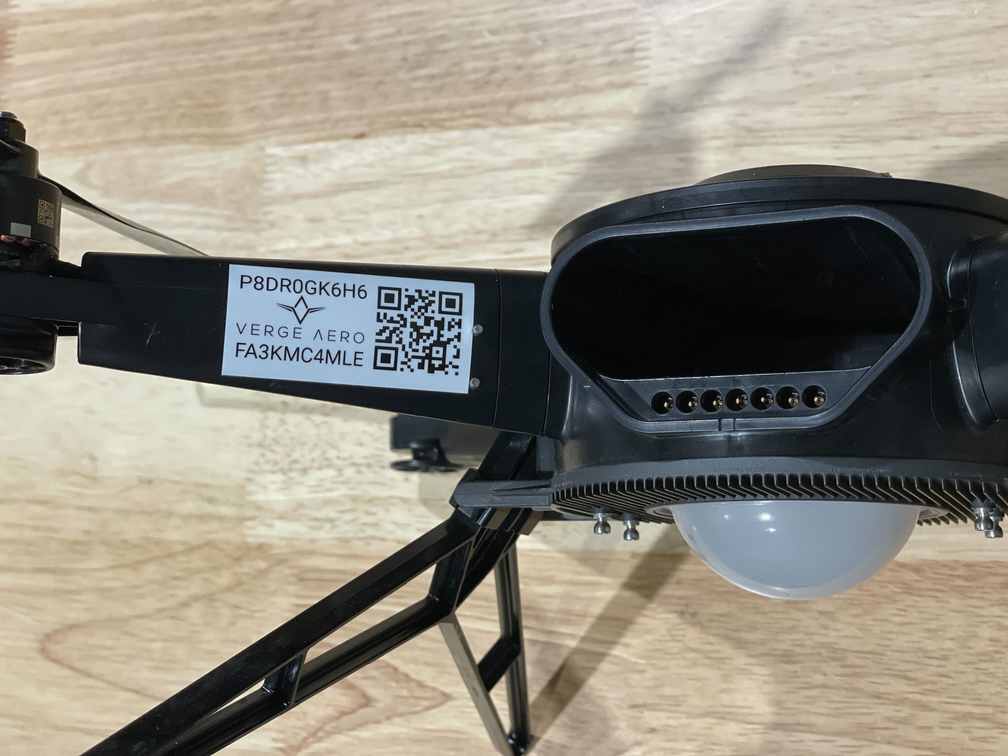 X7 drone with label applied to the inside of the arm adjacent to the battery port