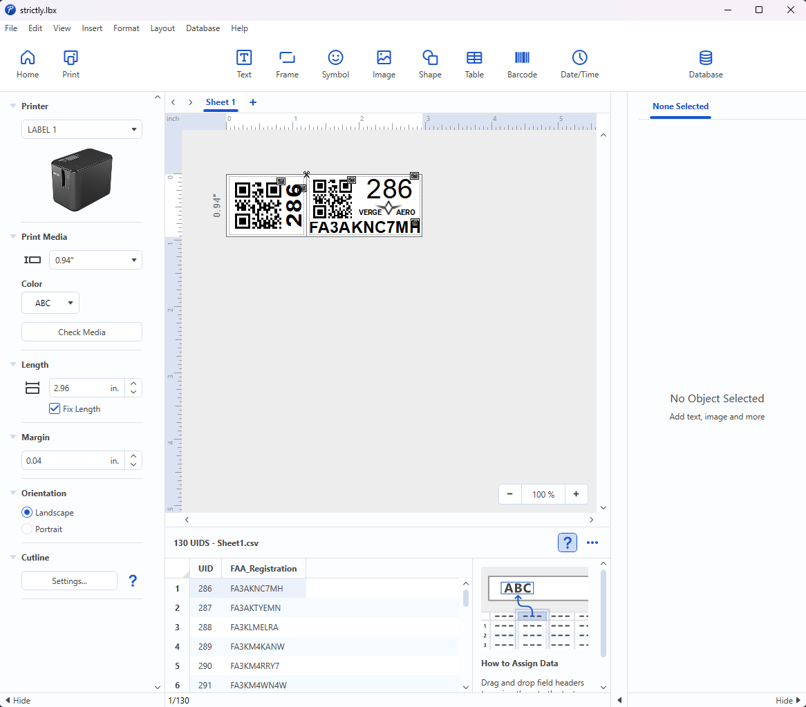 P-Touch Editor 6 showing a label with a text box placeholder and QR code