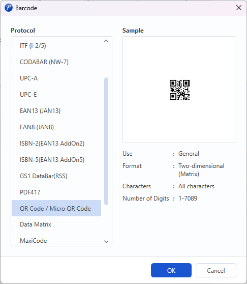 P-Touch Editor 6 barcode protocol dialog with QR Code selected